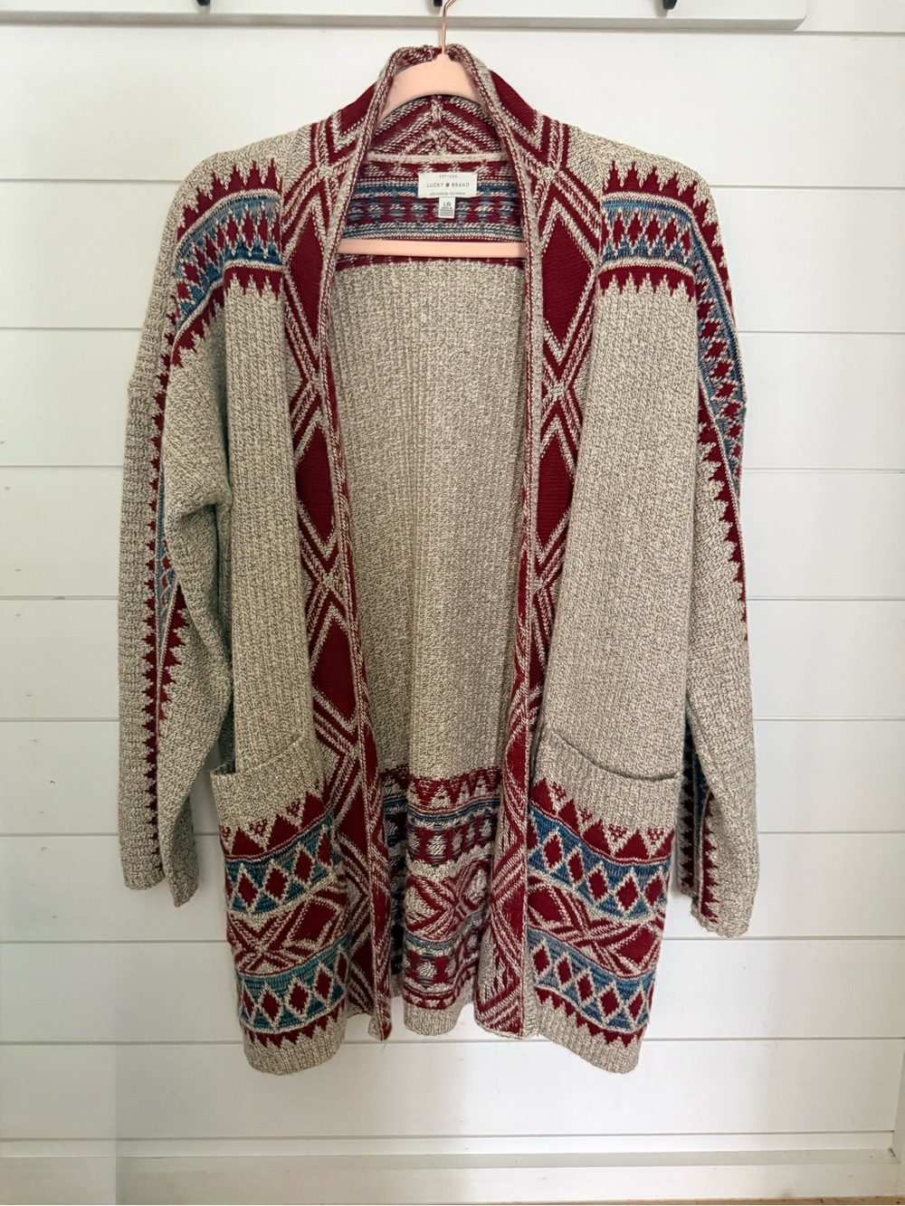 Lucky Brand Southwestern Aztec Open Front Cardigan 2010’s Boho Western Size L